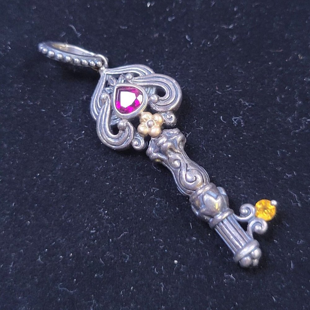 Bixby 18K Yellow Gold Sterling Silver Garnet Citrine Key Pendant Enhancer (R662)